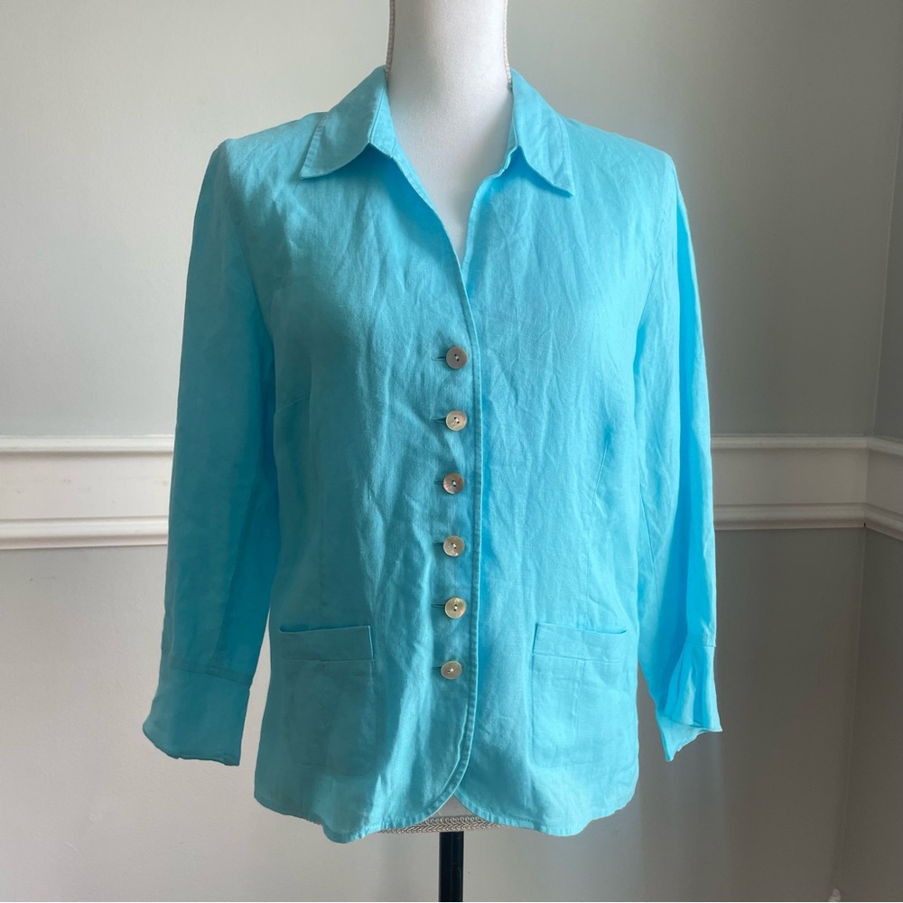 Talbots Size 12 100% Linen Jacket Aqua Light Blue Button Down Shirt 3/4 Sleeve